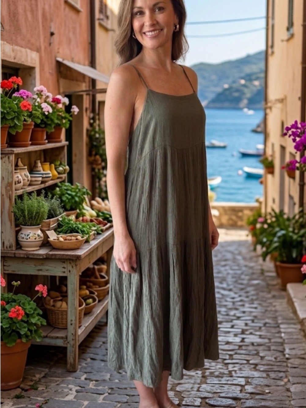 Carly Jean Los Angeles - Olive Green Spaghetti Strap Midi SunDress - Sz Large